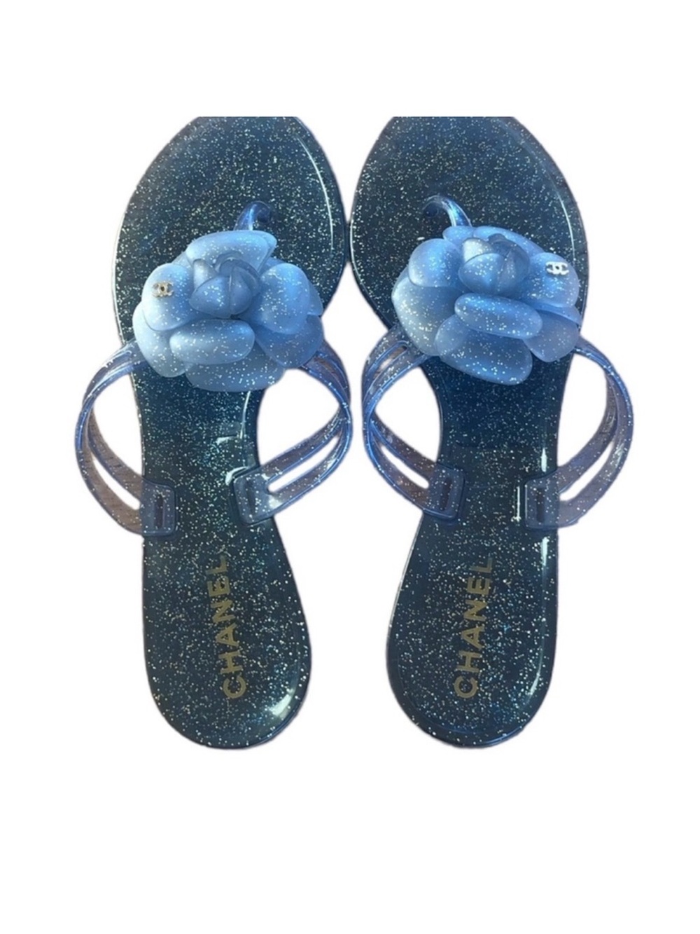CHANEL Sparkle Blue Camellia Jelly Sandals